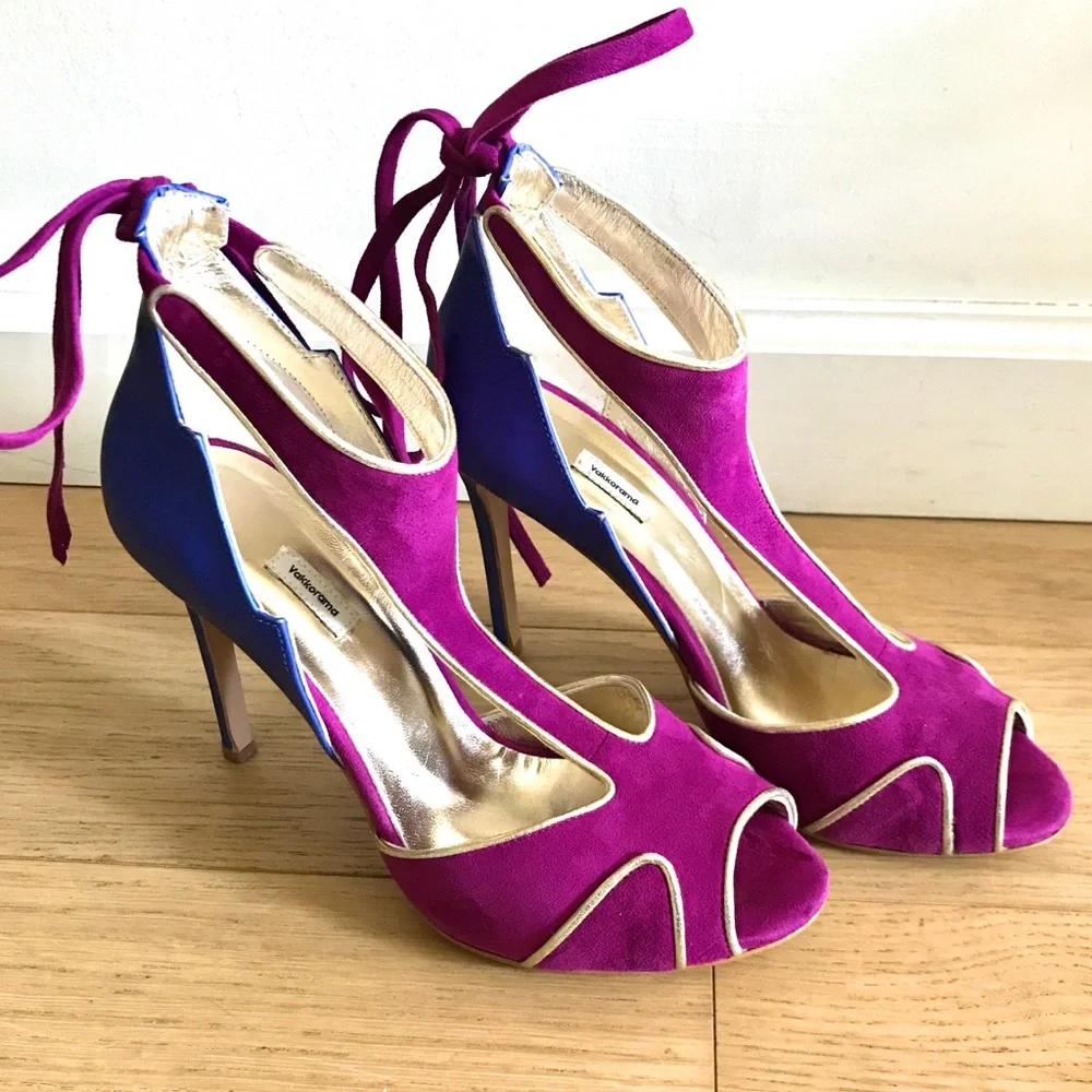 Color Block Blue & Fuchsia Leather Suede Heels – Size 7.5 (EU 38) - Picture 3 of 7